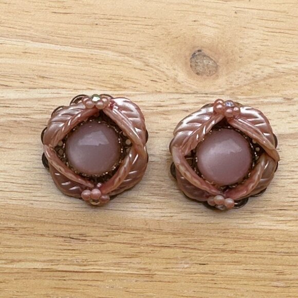 VTG Flower Earrings Pink Cab Jelly Belly Optic Glass Silver Tone Clip-On 1.25" - Picture 8 of 9